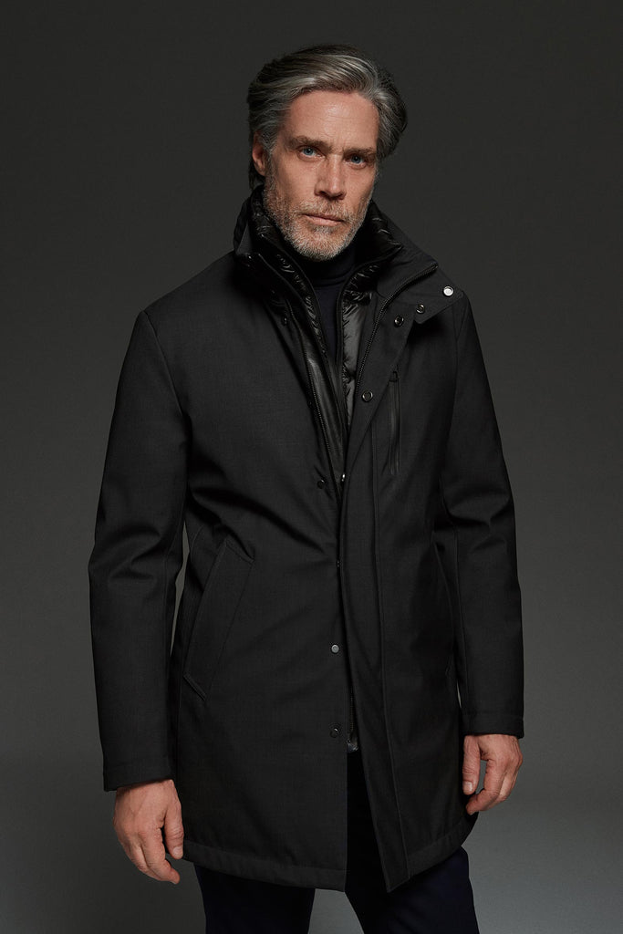 Cappotto uomo invernale color lava grey, in lana Merino membranata e imbottito in piuma | Montecore